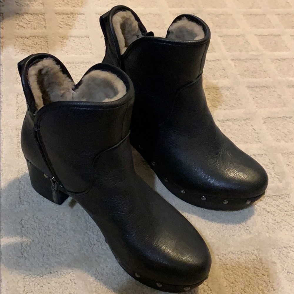 UGG black leather and fur winter booties
